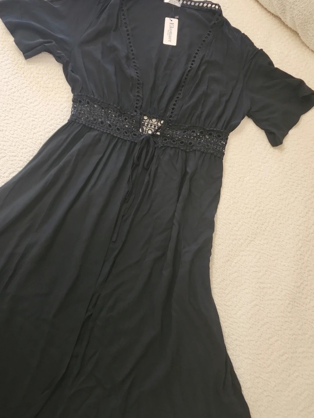 Ekouaer Black Crochet-Trim Swim Coverup